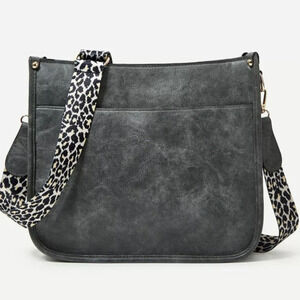 Gray Vegan Leather Messenger Tote Bag With Leopard Strap Waterproof NWT